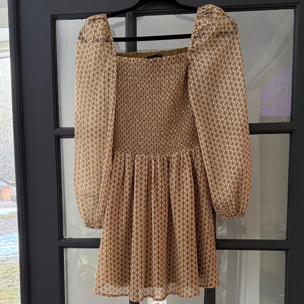 Kourt Calypso Smocked Sheer Shimmer Puff Sleeve Mini Dress XS